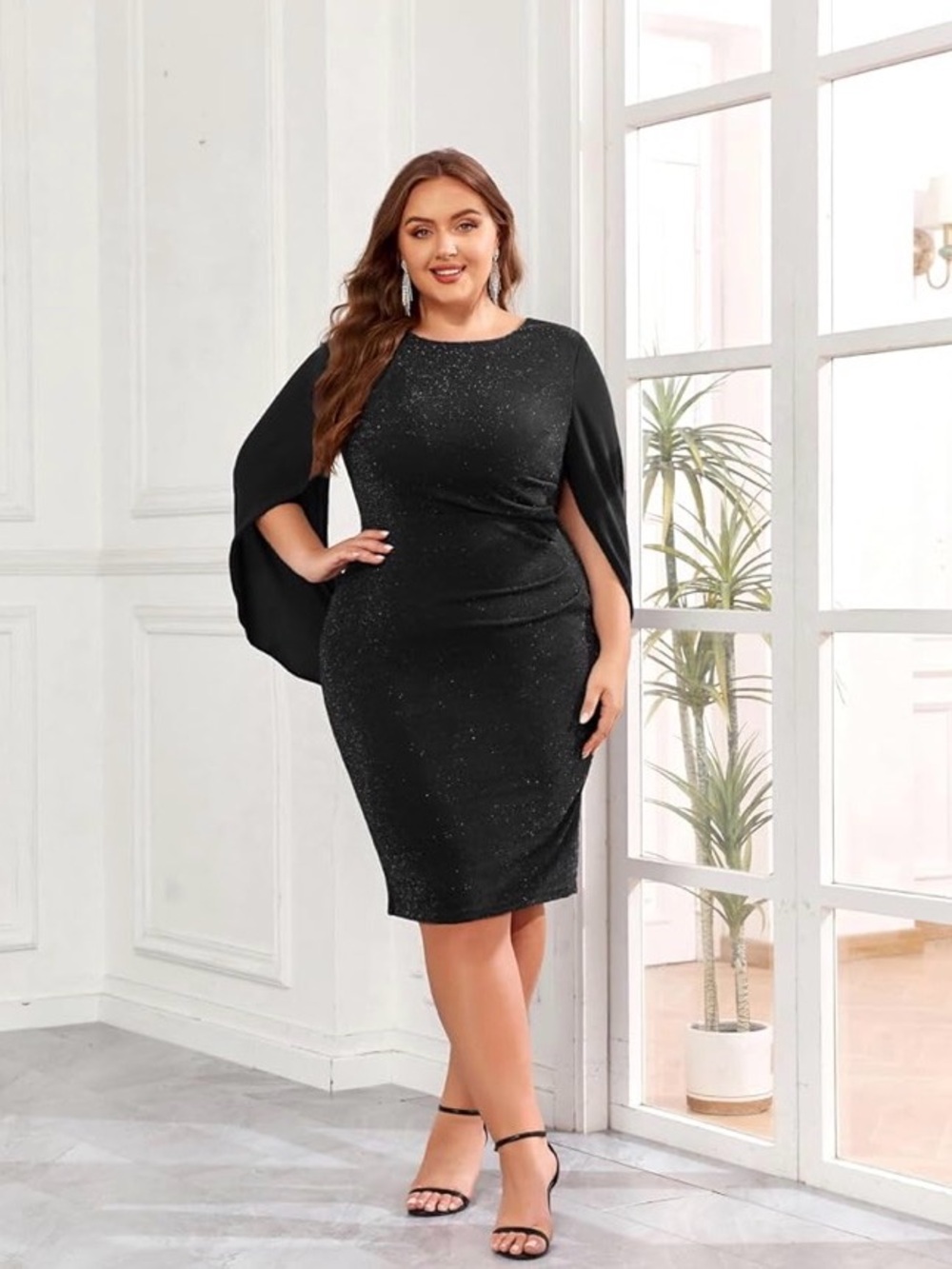 Hanna Nikole, Black Sparkle Cape Sleeve Dress, 20W - Picture 2 of 10